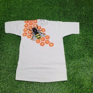 Vintage 90s Bee Honeycomb Shirt S/M 18x25 White USA Bumblebee